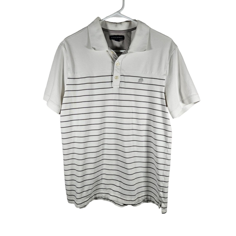 Banana Republic Men's Short Sleeve Polo Shirt White Gray Logo Cotton Blend Large